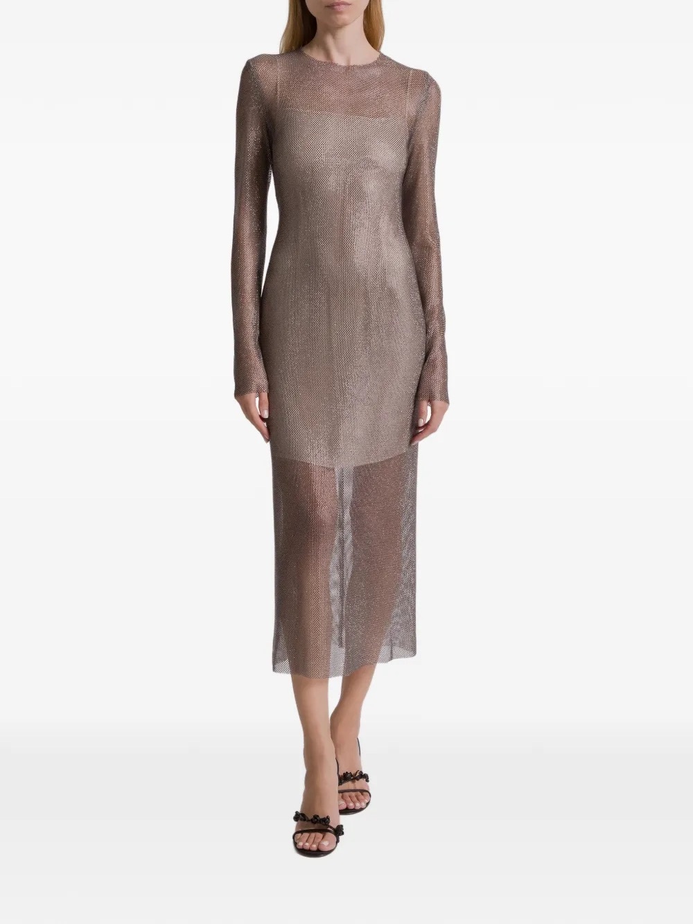 NWT A.C.W. Metallic Taupe Sheer Maxi Dress Long Sleeve Mock Neck  Cocktail Party
